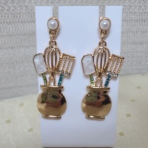 Goldtone & Rhinestone Kitchen Utensil Chef Inspired Faux Pearl Post Earrings NWT